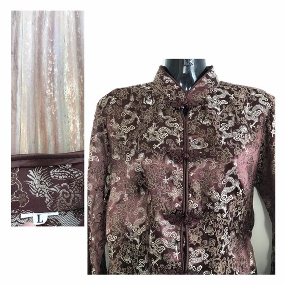Brown Satin Cheongsam Blouse QiPao Tang Shirt Top with Gold Dragon Design - Picture 3 of 4